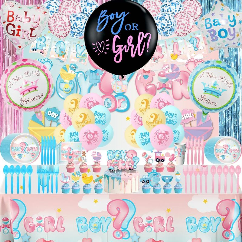 Photo 1 of Generic 183 PCS Gender Reveal Decorations Serves 20 Guests Boy or Girl Theme Party Supplies Include Balloons, Paper Plates, Backdrop, Cake Topper, Tableware, and More