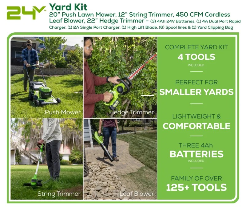 Photo 1 of Greenworks 24V 20" Mower, 450CFM Blower, String Trimmer and 22" Hedge Trimmer Combo + (3) 4Ah Batteries