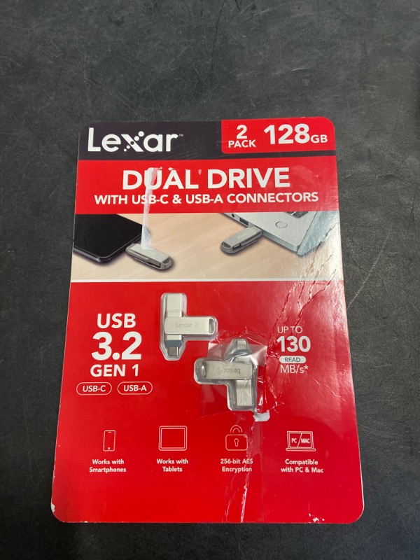 Photo 2 of Lexar Dual Drive USB-C & USB-A 128GB – 2-pack
2-in-1 Flash Drive for Your USB Type-C™ and Type-A devices
Quickly Transfer Your Favorite Content
Stylish Metal Housing and Swivel Design
Secure Your Files with Lexar DataShield
Compatible with Android™, PC, a