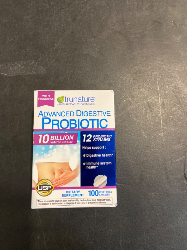 Photo 2 of trunature Advanced Digestive Probiotic, 100 Capsules
12 Strains, 10 Billion Viable Cells†
Helps Maintain Digestive Health*
Supports a Healthy Immune System*
Naturally Restores Digestive Balance*
Gluten, Soy and Dairy Free