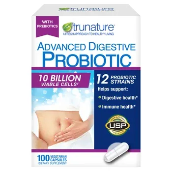 Photo 1 of trunature Advanced Digestive Probiotic, 100 Capsules
12 Strains, 10 Billion Viable Cells†
Helps Maintain Digestive Health*
Supports a Healthy Immune System*
Naturally Restores Digestive Balance*
Gluten, Soy and Dairy Free