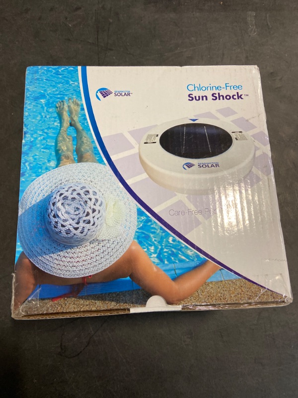 Photo 2 of Chlorine-Free Sun Shock Pool Purifier
Solar Powered- No Batteries or Chemicals Required
Handles Pools up to 22,000 Gallons
Reduce the Need for Chlorine by up to 80%
Includes: Base Unit, Anode, Wire Cleaning Brush, Debris Basket and Copper Testing Strips