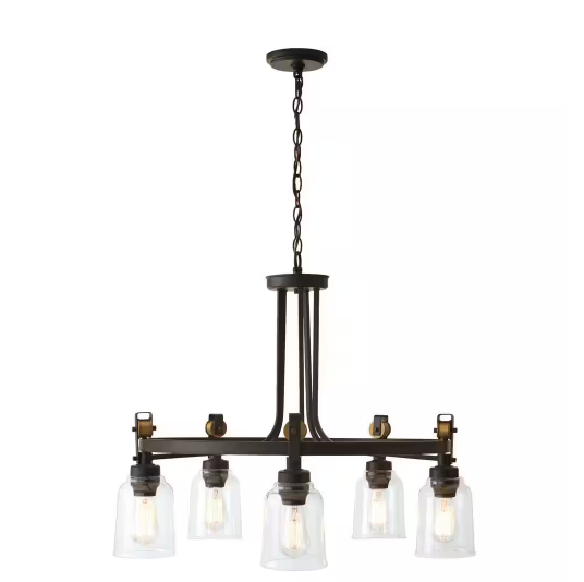 Photo 1 of Knollwood 5-Light Antique Bronze Chandelier with Vintage Brass Accents and Clear Glass Shades