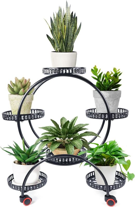 Photo 1 of 4 Tier 6 Pots Plant Stand with Wheel,Iron Flower Pot Holder Shelf,Potted Planters Display Rack, for Home Decor, Balcony, Patio, Garden,Black