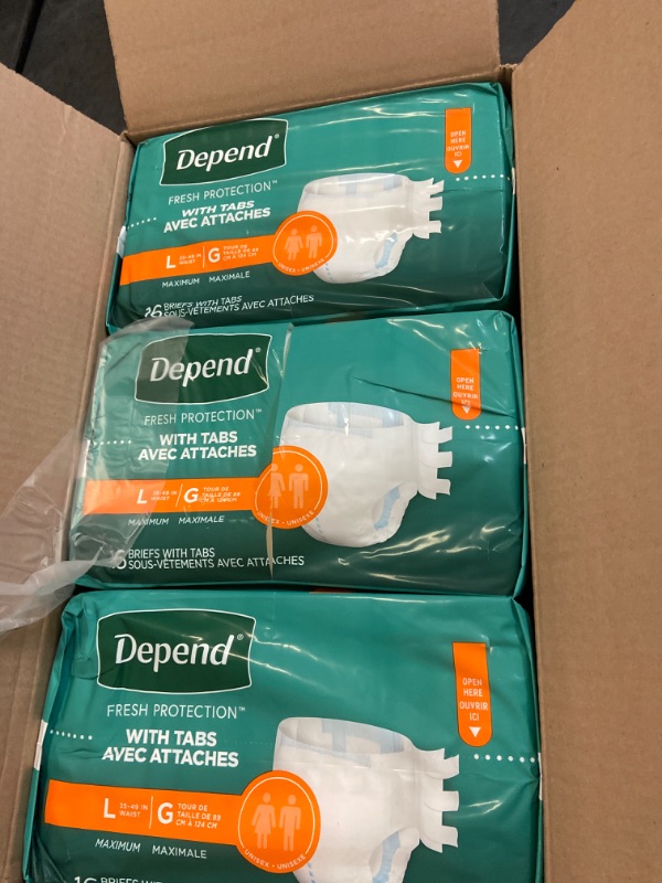 Photo 2 of Depend Incontinence Protection with Tabs, Unisex, Large (35–49" Waist, over 170 lbs), Maximum Absorbency, 48 Count (3 Packs of 16)