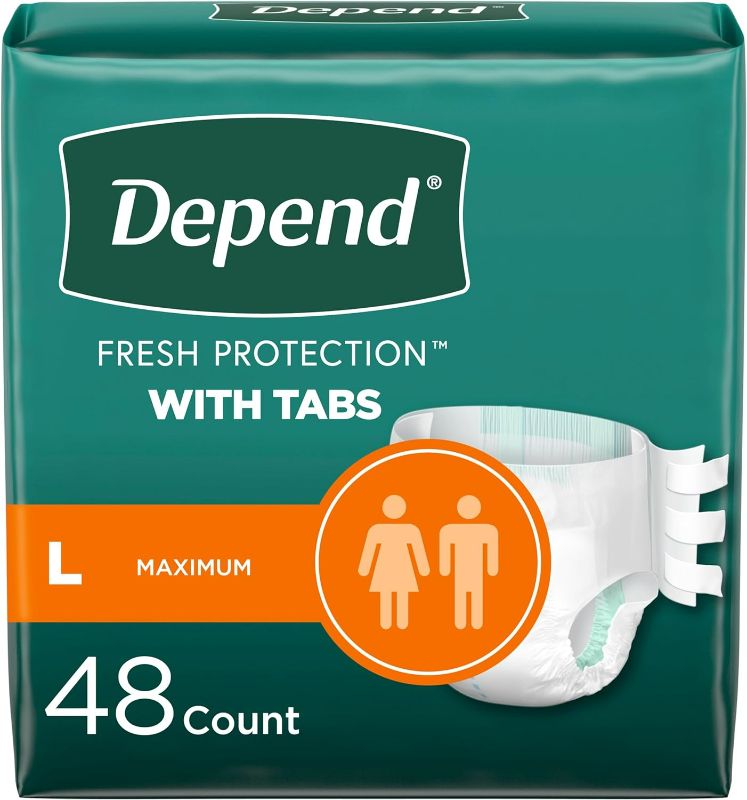 Photo 1 of Depend Incontinence Protection with Tabs, Unisex, Large (35–49" Waist, over 170 lbs), Maximum Absorbency, 48 Count (3 Packs of 16)