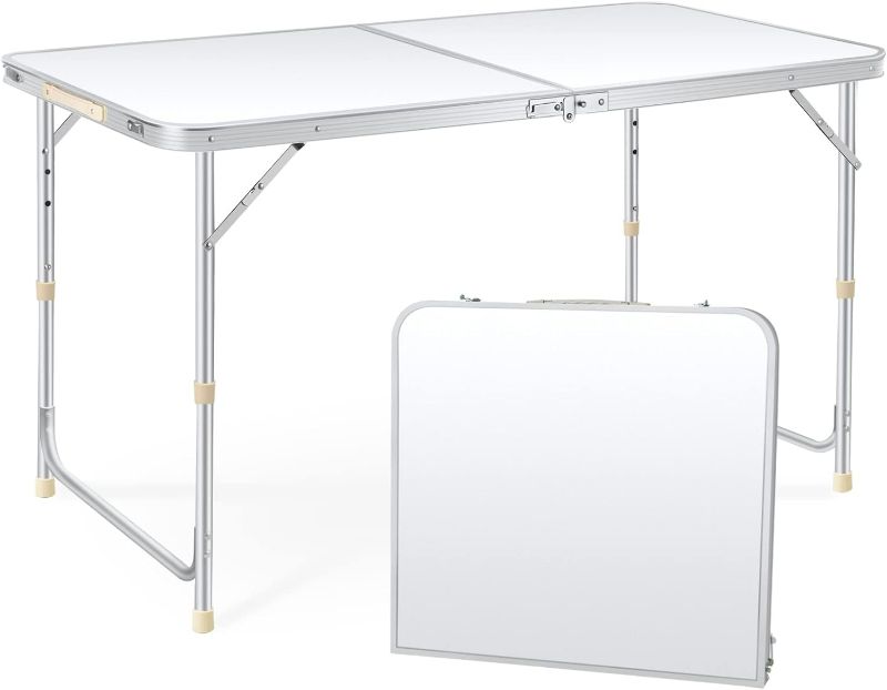 Photo 1 of Folding Table,4 Foot x 26 inch Fold-in-Half Folding Table,Portable Fold up Table - Folding Camping Table, Height Adjustable - Ultralight with Carrying Handle,White