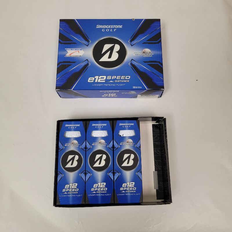 Photo 1 of The Bridgestone 3-piece e12 Speed golf ball is designed for players with driver swing speeds greater than 105mph. The e12 Speed features Bridgestone s proprietary new Active Acceleration Mantle layer that provide increased thrust and higher initial veloci