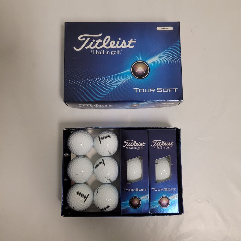 Photo 1 of ** Single  TEST ON PARTIAL SET **  If you desire an exceptionally soft feel and all-around performance, than the Titleist 2024 Tour Soft Golf Balls 12-Pack are for you. The 2-piece construction creates low flying and low spinning speeds, and the 346 quadr