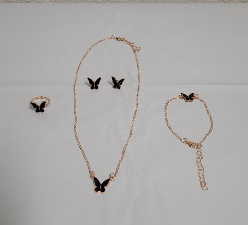 Photo 1 of Jewelry Set for Women Necklace and Earrings Bracelet and Rings Set Drip Glaze Butterfly Pendant Necklace Butterfly Stud Earings Jewellery gifts for Her/Wife/Mom - 9" adjustable necklace - 6" adjustable ring
