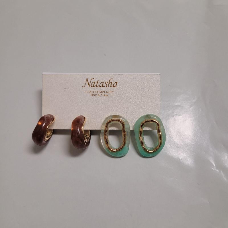 Photo 1 of Natasha - chunky gold hoop with amber color stone earring - gold and mint green color stone earring