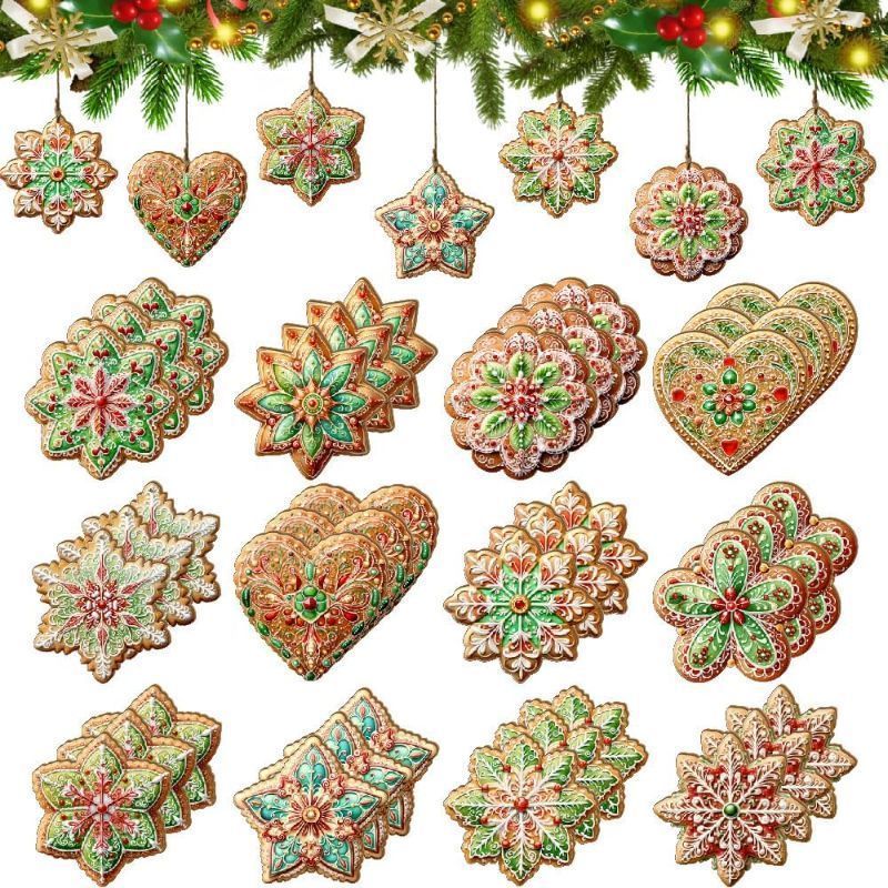Photo 1 of 24PCS Wooden Christmas Gingerbread Ornaments - 12 Intricate Cookie-Inspired Designs for Tree & Holiday Decor
