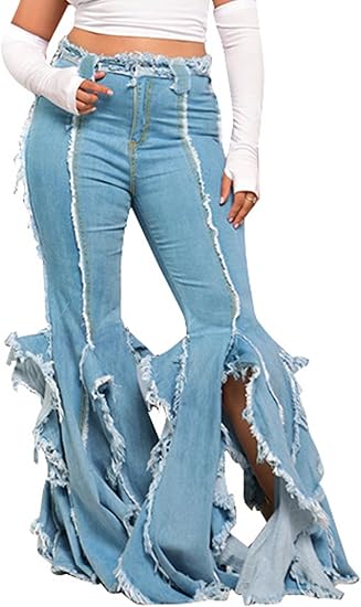 Photo 1 of (XXL) LAJIOJIO Bell Bottom Jeans for Women Distressed Ripped Y2K High Waisted Frayed Slit Tassel Hem Flared Denim Pants ( Dark Denim)