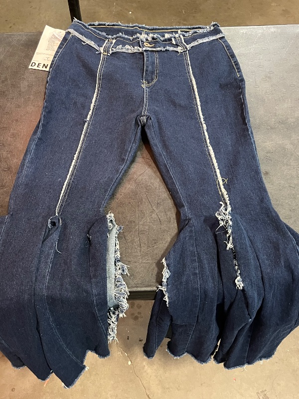 Photo 1 of (XXL) LAJIOJIO Bell Bottom Jeans for Women Distressed Ripped Y2K High Waisted Frayed Slit Tassel Hem Flared Denim Pants ( Dark Denim)