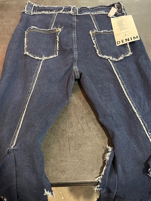 Photo 1 of (XXL) LAJIOJIO Bell Bottom Jeans for Women Distressed Ripped Y2K High Waisted Frayed Slit Tassel Hem Flared Denim Pants ( Dark Denim)