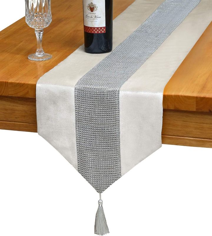 Photo 1 of 13inch x 72inch Table Runner with Diamante Strip and Tassels (Beige)
