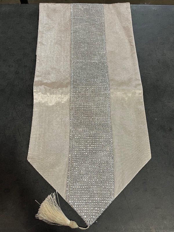 Photo 1 of 13inch x 72inch Table Runner with Diamante Strip and Tassels (Beige)
