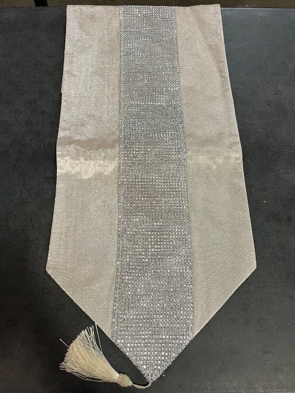 Photo 1 of 13inch x 72inch Table Runner with Diamante Strip and Tassels (Beige)

