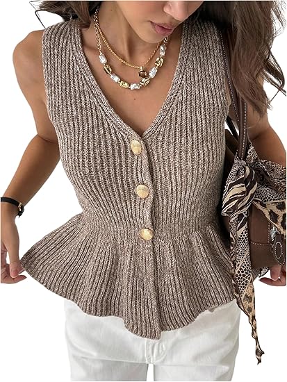 View 1 of (S) Sheins Women's Sleeveless Button Down V Neck Vest Sweater Ruffle Hem Knit Tank Tops