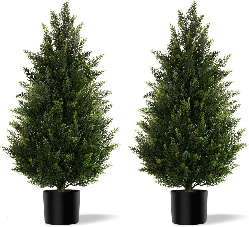 Photo 1 of Artificial Topiary Cedar Trees 3FT Tall 2 Set, Outdoor Indoor Faux Pine Shrubs Plants, Realistic Fake Plants Front Porch Decor, Artificial Bushes Cypress for Home Front Door Offices
