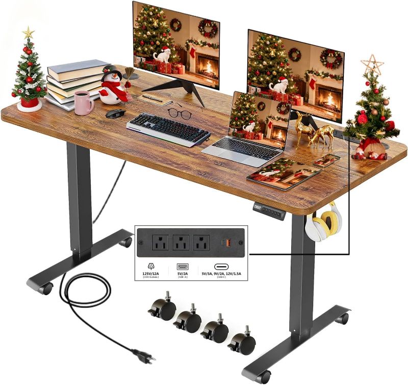 Photo 1 of Electric Adjustable Height Standing Desk, 55×24 Inches Sit Stand Desk with Power Socket, 2 USB Ports, 3 Power Outlets, 4 Wheels,4 Memory Buttons Home Office Computer Workstations
