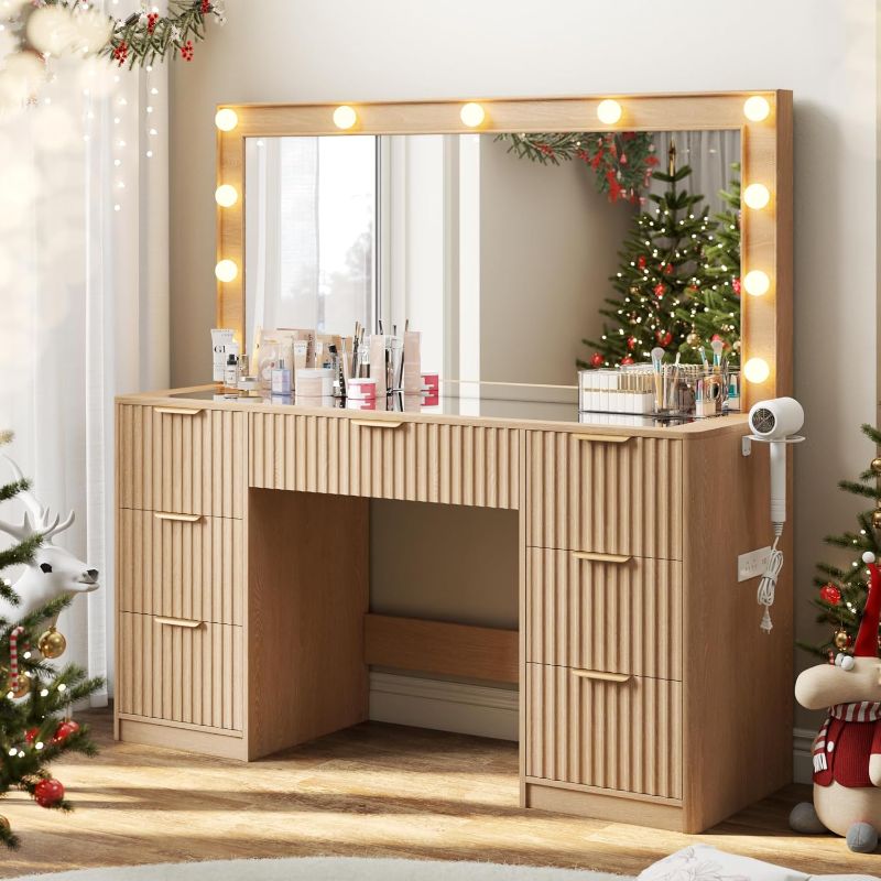 Photo 1 of 47" Makeup Vanity Desk with Large Mirror & LED Lights, Fluted Vanity with 7 Drawers, Tempered Glass Top & Charging Station, Modern Dressing Table for Bedroom, Dorm, Women & Girls, Natural Oak

