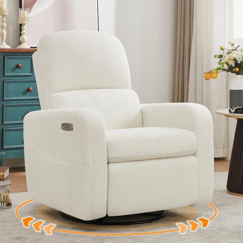 Photo 1 of Power Swivel Rocker Recliner, Oversized Boucle Nursery Glider Recliner, Swivel Rocking Reclining Chair with Removable Cushion and Lumbar Support for Nursery Living Room Bedroom, Teddy White
