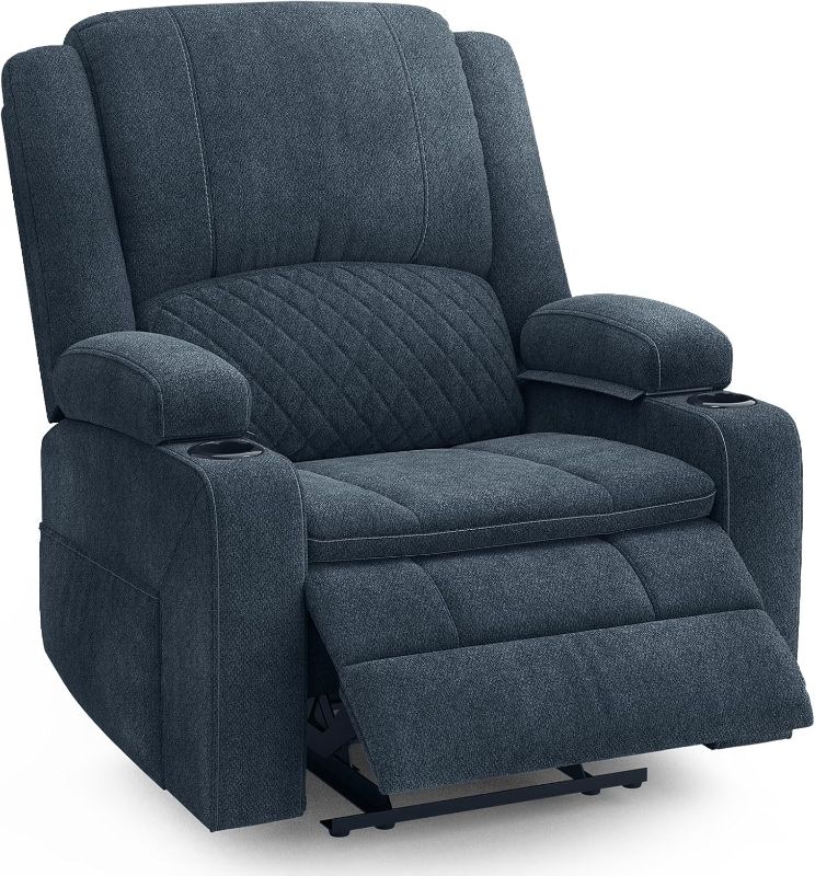 Photo 1 of Oversized Manual Recliner Chair, 3 Angle Recliner Home Theater Seating, RV Recliner Single Sofa with Hidden Arm Storage, Cup Holder & Side Pocket (Single, Blue)
