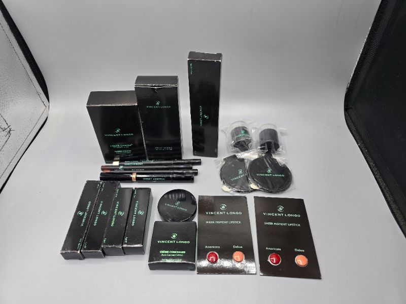 Photo 1 of 19pc Vincent Longo Makeup - Foundation, Concealer, Lipstick, Lip stain, Eye Liners, Compact Mirror, & Sharpeners