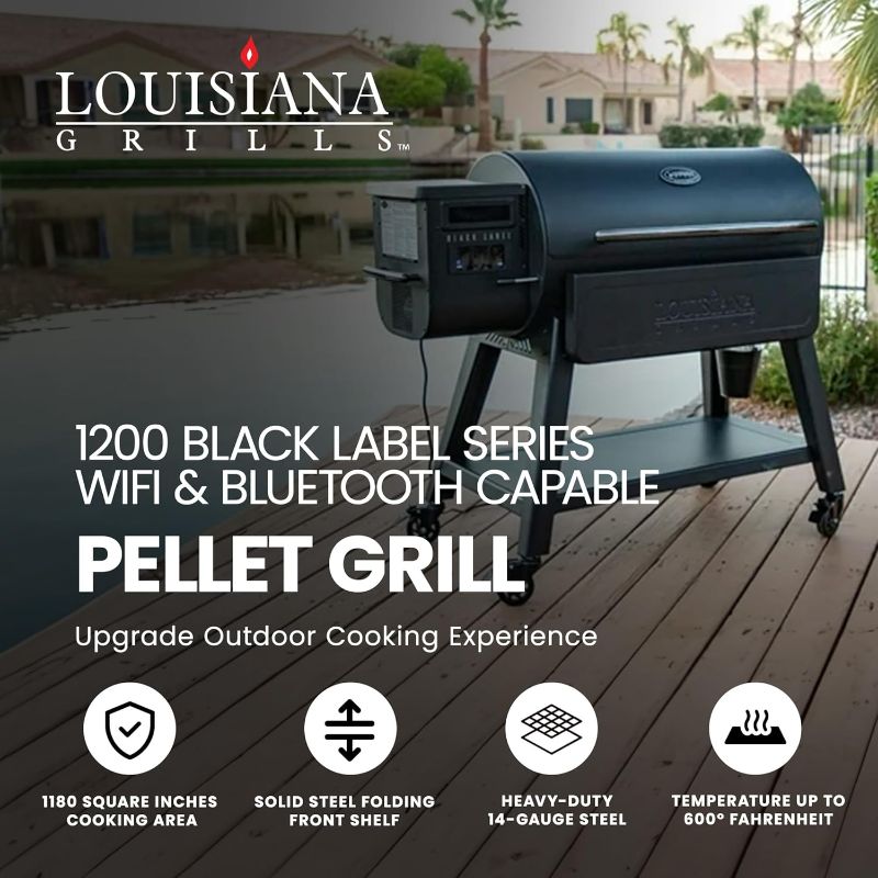 Photo 1 of 1200 Black Label Series Grill with WiFi Control
180 Square Inches -18-pound hopper - 180° to 600°F temperature range - heavy-duty 14-gauge steel construction - high-temperature black sand powder coat finish - Solid steel folding front shelf - Solid steel 