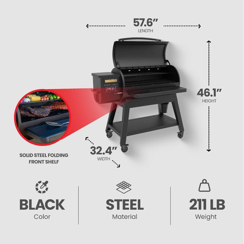 Photo 1 of 1200 Black Label Series Grill with WiFi Control
180 Square Inches -18-pound hopper - 180° to 600°F temperature range - heavy-duty 14-gauge steel construction - high-temperature black sand powder coat finish - Solid steel folding front shelf - Solid steel 