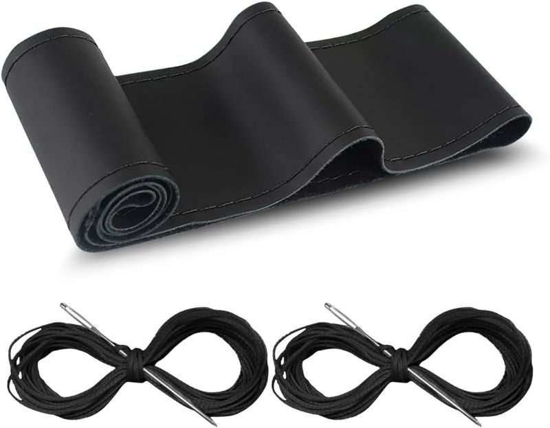 Photo 1 of Car Genuine Leather Steering Wheel Cover, DIY Sewing with Needle and Thread, Breathable, and Anti-Slip, Universal 15 Inch Car Steering Wheel Stitching Wrap (Black, Glossy)

