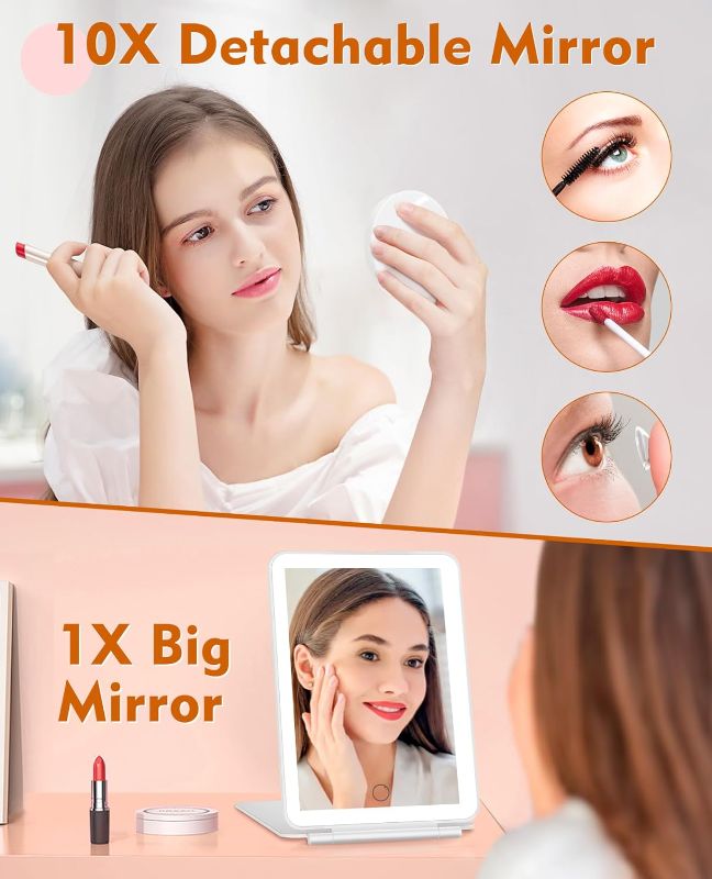 Photo 1 of Rechargeable Travel Makeup Mirror with Lights and 10X Magnifying Mirrors, Portable Lighted Vanity Mirror with 80 Led,2000mAh Battery,3 Color Lighting, Touch Dimming, Tabletop Light up Mirror