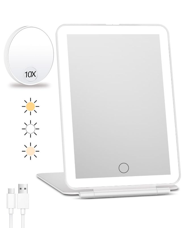 Photo 1 of Rechargeable Travel Makeup Mirror with Lights and 10X Magnifying Mirrors, Portable Lighted Vanity Mirror with 80 Led,2000mAh Battery,3 Color Lighting, Touch Dimming, Tabletop Light up Mirror