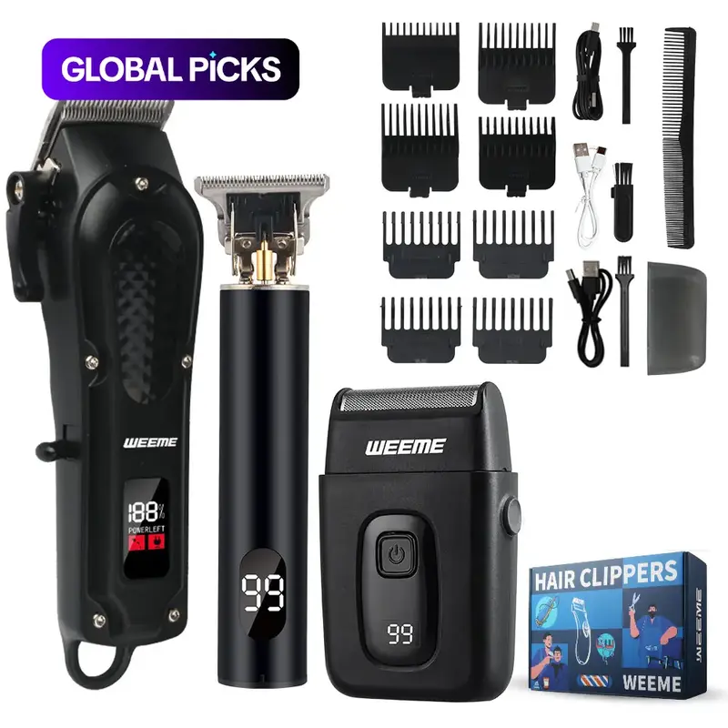 Photo 1 of Weeme 3pcs Men's Electric Hair Clipper Set, Hair Cutting Kit, Home Use Grooming Kit, Car Mounted Trimmer, Gift for Family & Friends, Barber Hair Clippers