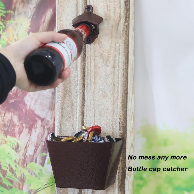 Photo 1 of Bronze Cast Iron Soda Or Beer Bottle Opener Wall Mounted with Cap Catcher , Durable, No Mess, Drain Holes, Cap Catcher is Stainless Steel - Opener is Cast Iron