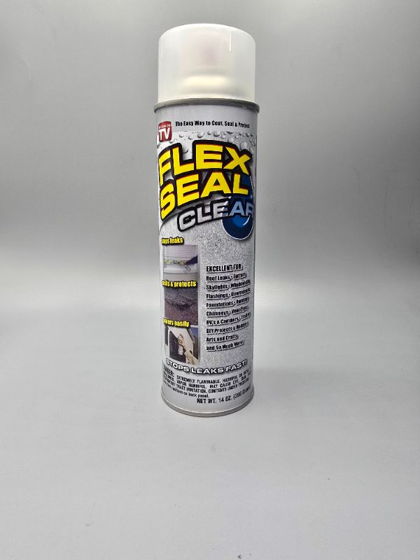 Photo 1 of Flex Seal, 14 oz, Clear, Stop Leaks Instantly, Transparent Waterproof Rubber Spray On Sealant Coating, Perfect for Gutters, Wood, RV, Campers, Roof Repair, Skylights, Windows, and More
