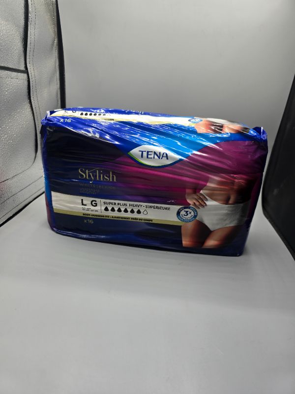 Photo 1 of  Large (Waist Sizes 37in-50in), 16 Count TENA Stylish White Incontinence Underwear for Women, Super Plus Heavy Absorbency, Adult Diapers,