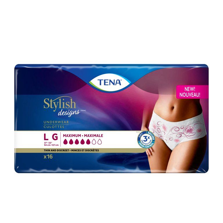 Photo 1 of  Large (Waist Sizes 37in-50in), 16 Count TENA Stylish White Incontinence Underwear for Women, Super Plus Heavy Absorbency, Adult Diapers,