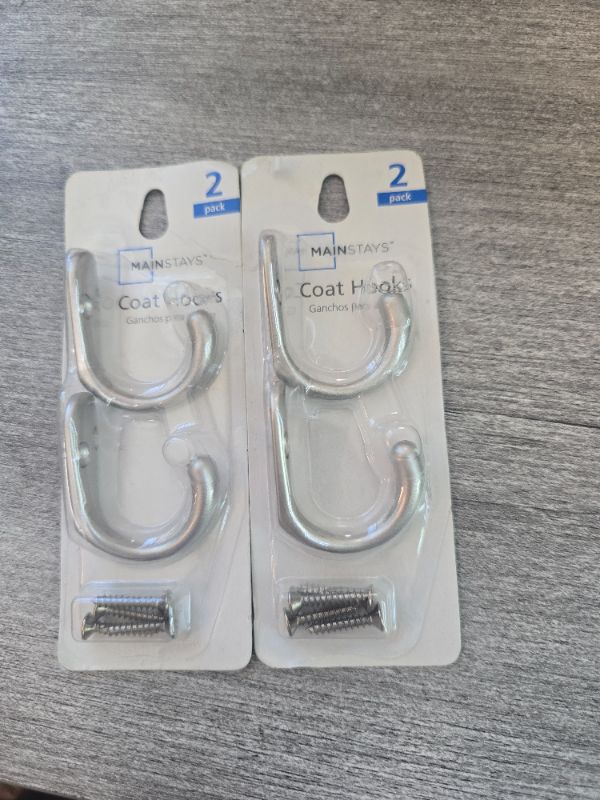 Photo 1 of 2 PackMainstays, Satin Nickel Metal Hooks, Clutter-Free Hooks for Hanging Towels and Coats, 10 lbs Capacity, 2 Pack