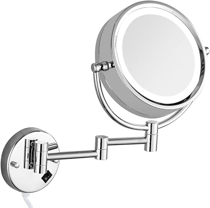 Photo 1 of Gecious 5x Wall Mounted Illuminated Mirror LED 8 Inch Wall Makeup Mirror Double Sided 12 Extension 360° Swivel Brass Glass Polished
