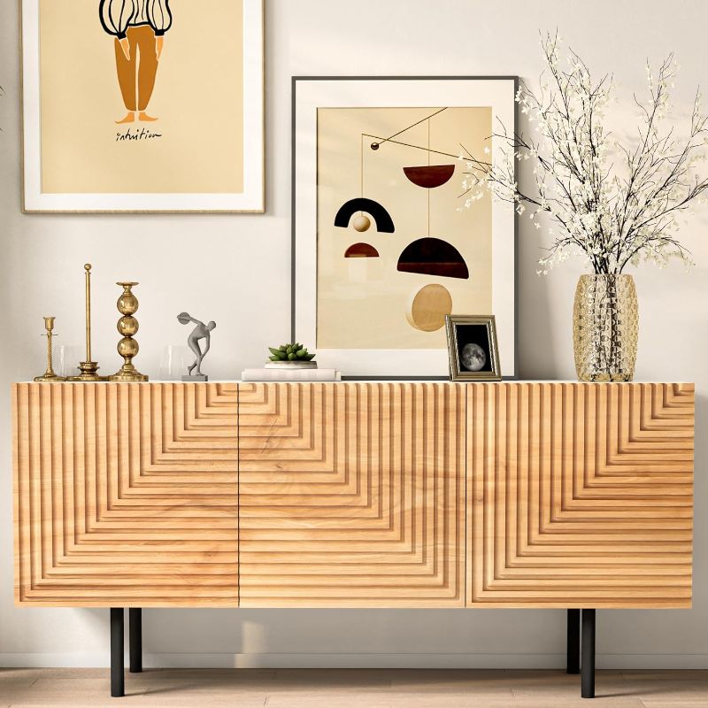 Photo 1 of roomfitters Mid Century Modern TV Stand for TVs up to 65", Boho Sideboard Buffet Cabinet Credenza, Media Console Entertainment Center for Living Room, Poplar Wood Print Carved and Geometric Design
