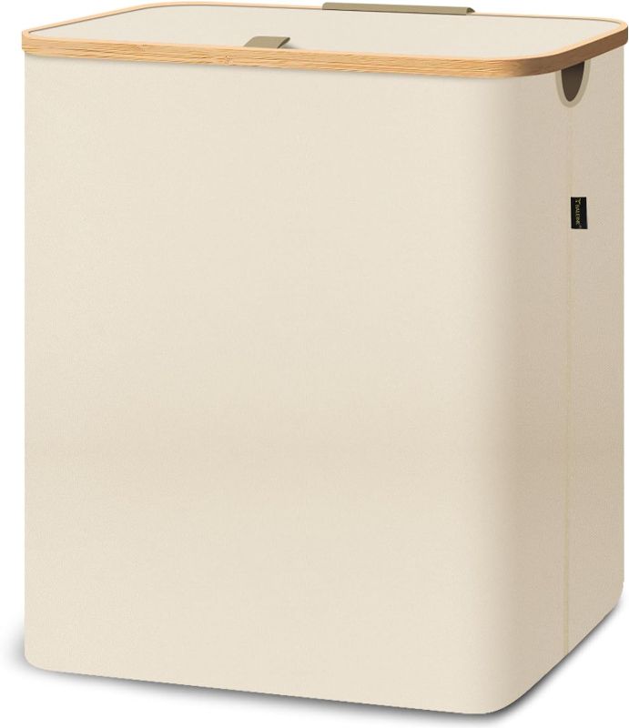 Photo 1 of BALEINE Laundry Hamper with Lid, Tall Laundry Baskets with Bamboo Pull Handles, Large Laundry Bin with Internal Support (40 Gallon, Beige)
