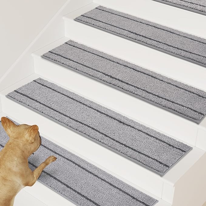Photo 1 of PURRUGS Peel & Stick Self-Adhesive Carpet Stair Treads 8"x30", 7-Pack, Non-Slip Machine Washable Soft Stair Rugs for Wooden and Hard Surface Steps, Safety Stair Covers for Dogs, Kids & Seniors
