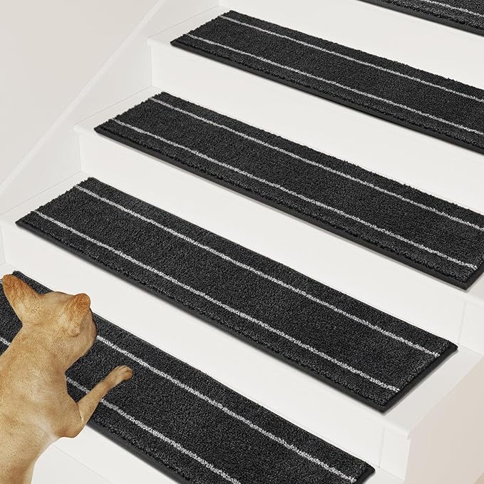 Photo 1 of PURRUGS Peel & Stick Self-Adhesive Carpet Stair Treads 8"x30", 7-Pack, Non-Slip Machine Washable Soft Stair Rugs for Wooden and Hard Surface Steps, Safety Stair Covers for Dogs, Kids & Seniors
