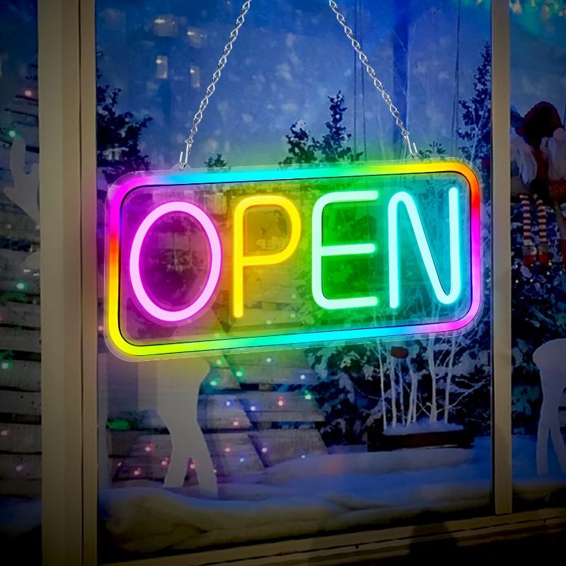 Photo 1 of Open Sign LED for Business, 16×8 inch Bright Neon Open Sign, Color Changing & Scrolling and Flashing Modes, Powered by USB with ON/OFF Switch for Bar Restaurant Storefront Window Decor
