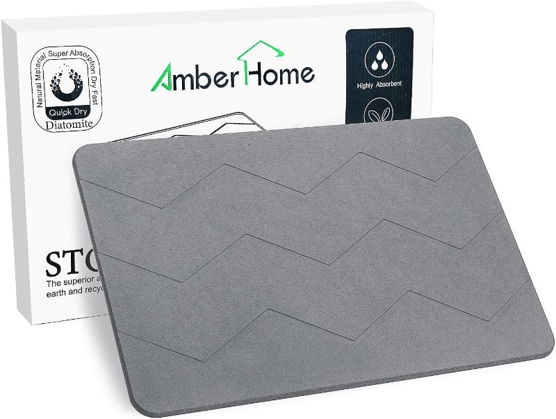 Photo 1 of Amber Home Stone Bath Mat, Non Slip Diatomaceous Earth Shower Mat, Quick Drying Bathroom Mat, Gray, 23.6" x 15.4"
