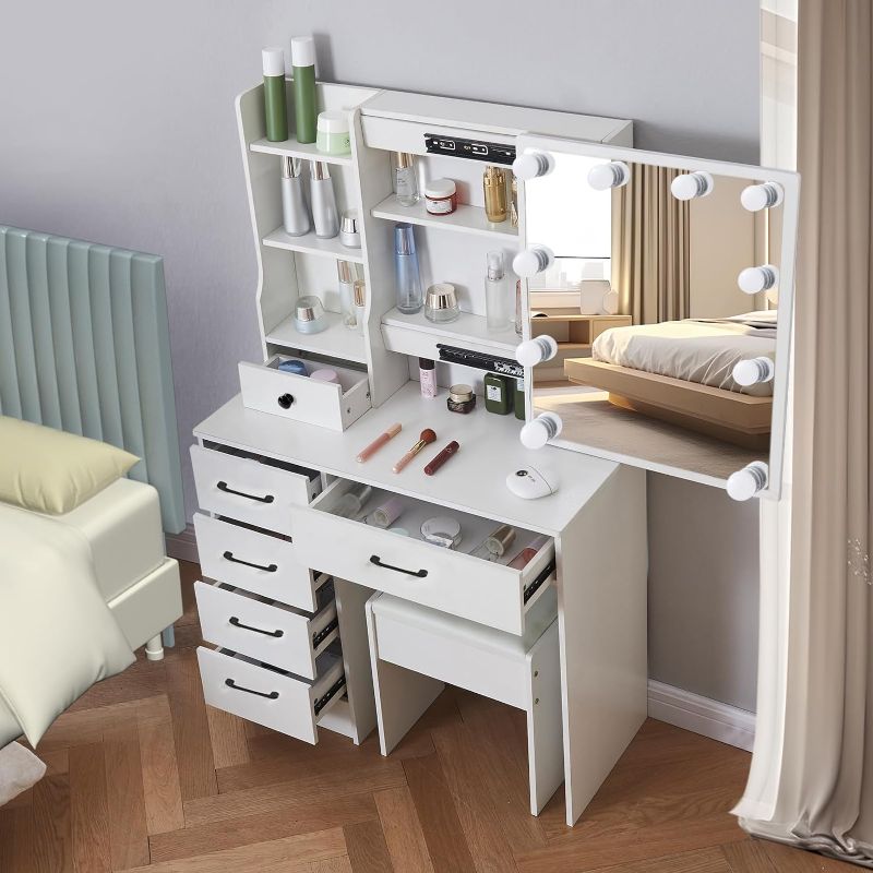 Photo 1 of White Vanity Desk with Sliding Mirror and Lights, Makeup Vanity Table with 3 Color and Brightness Adjustable, Girls Makeup Vanity with Stool and Drawers for Bedroom(Y3056)
