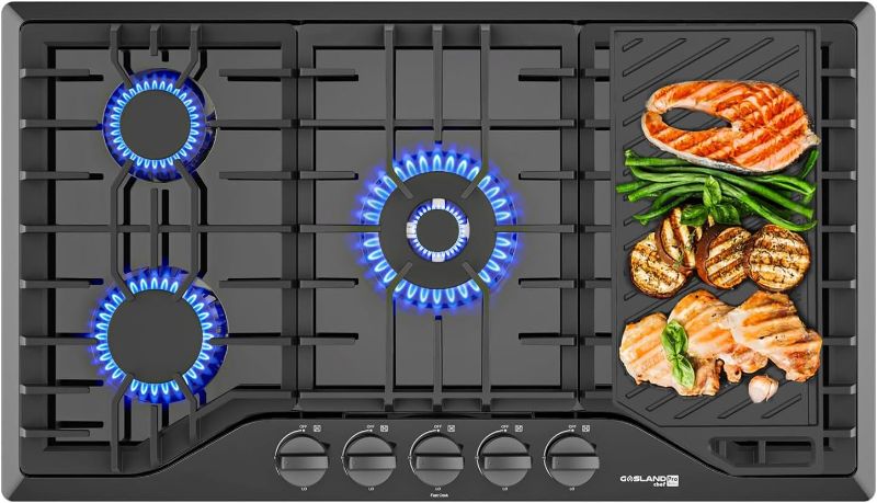 Photo 1 of 36 Inch Gas Cooktop with Griddle, GASLAND Chef PRO GH3365EF 5 Burner Gas Stovetop with Reversible Cast Iron Grill/Griddle, Gas Countertop Plug-in, NG/LPG Convertible, CSA Approved, Black
