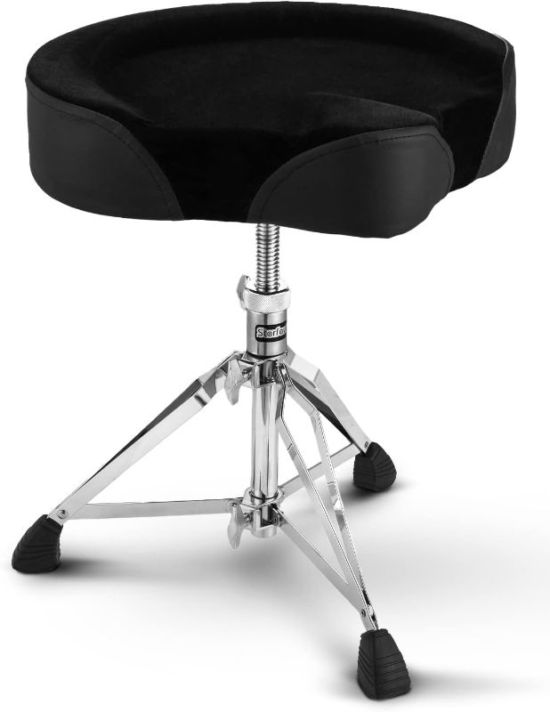 Photo 1 of Starfavor Drum Throne Height Adjustable Padded Seat Drum Stool Saddle Drum Seat, with Double Braced Anti-Slip Feet Swivel Drum Chair for Adults, Motocycle Style, ST-500
